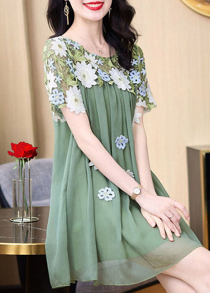 Green O-neck Embroideried Patchwork Tulle Mid Dresses Short Sleeve