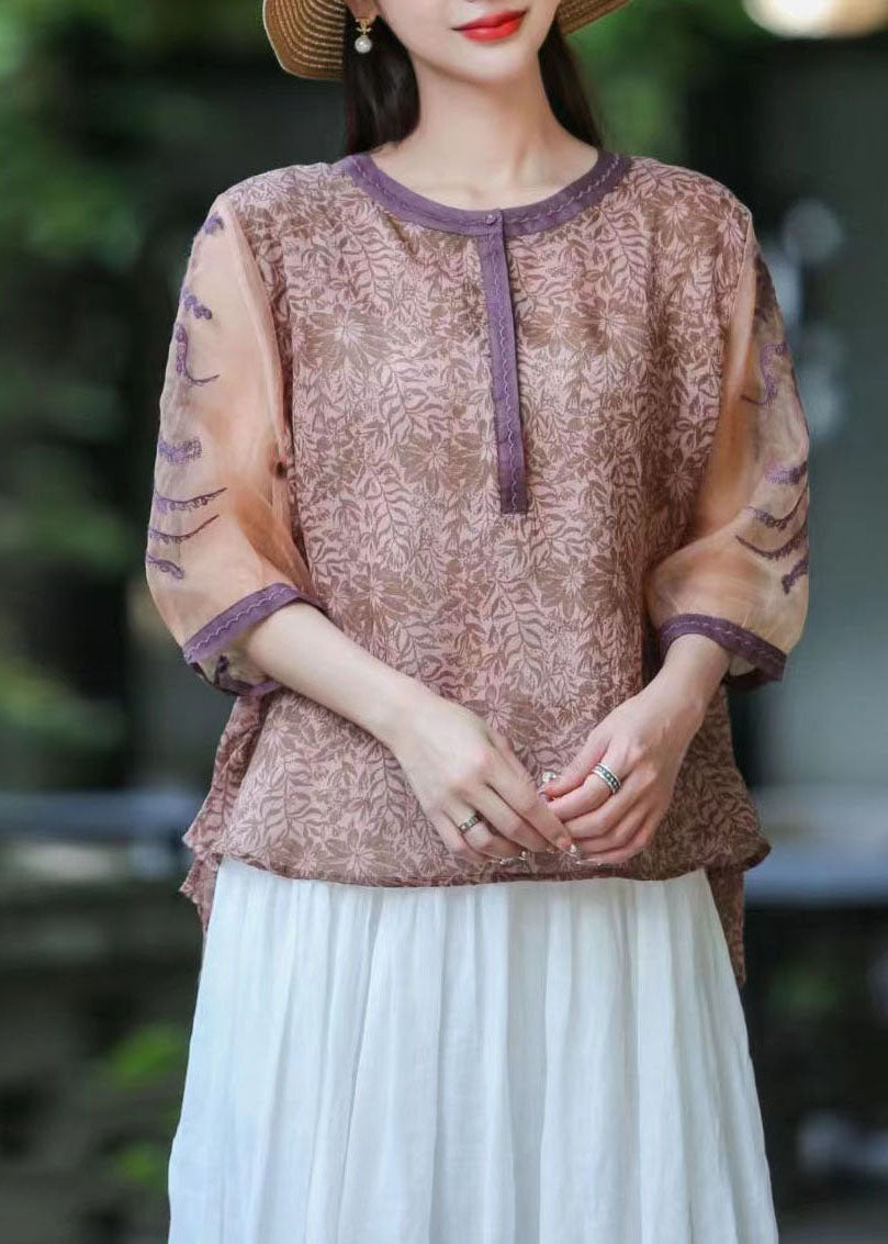 Green O Neck Organza Embroideried Patchwork Linen Top Summer