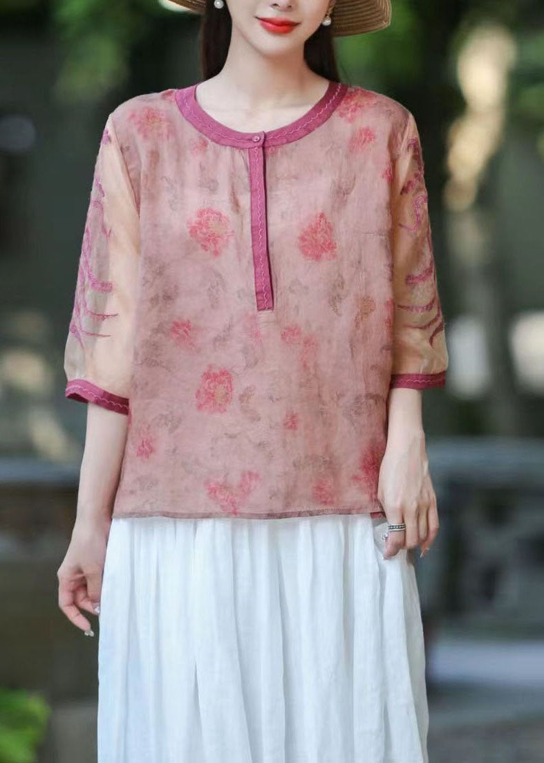 Green O Neck Organza Embroideried Patchwork Linen Top Summer
