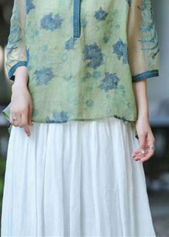 Green O Neck Organza Embroideried Patchwork Linen Top Summer