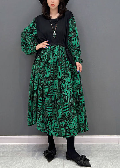 Green O-neck Patchwork Drawstring Cotton Maxi Dresses Fall