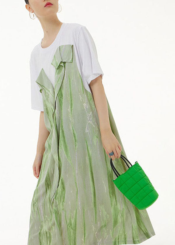 Green O-neck Wrinkled Print Patchwork Cotton Dress Summer