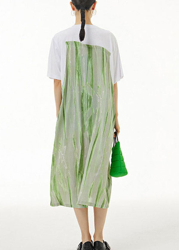 Green O-neck Wrinkled Print Patchwork Cotton Dress Summer