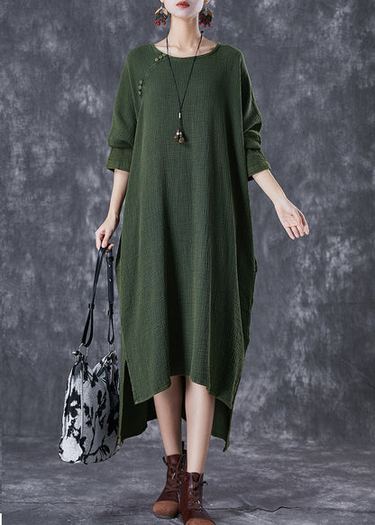Green Oversized Low High Design Linen Maxi Dresses Fall