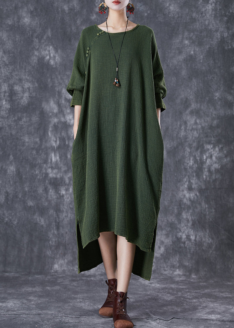 Green Oversized Low High Design Linen Maxi Dresses Fall
