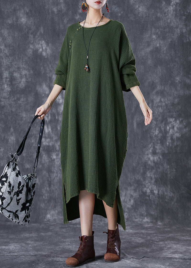 Green Oversized Low High Design Linen Maxi Dresses Fall
