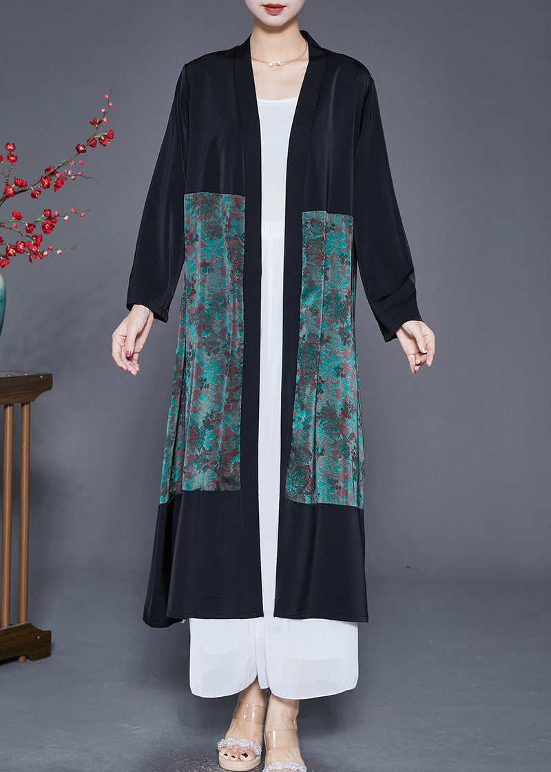 Green Oversized Patchwork Silk Long Cardigans Fall
