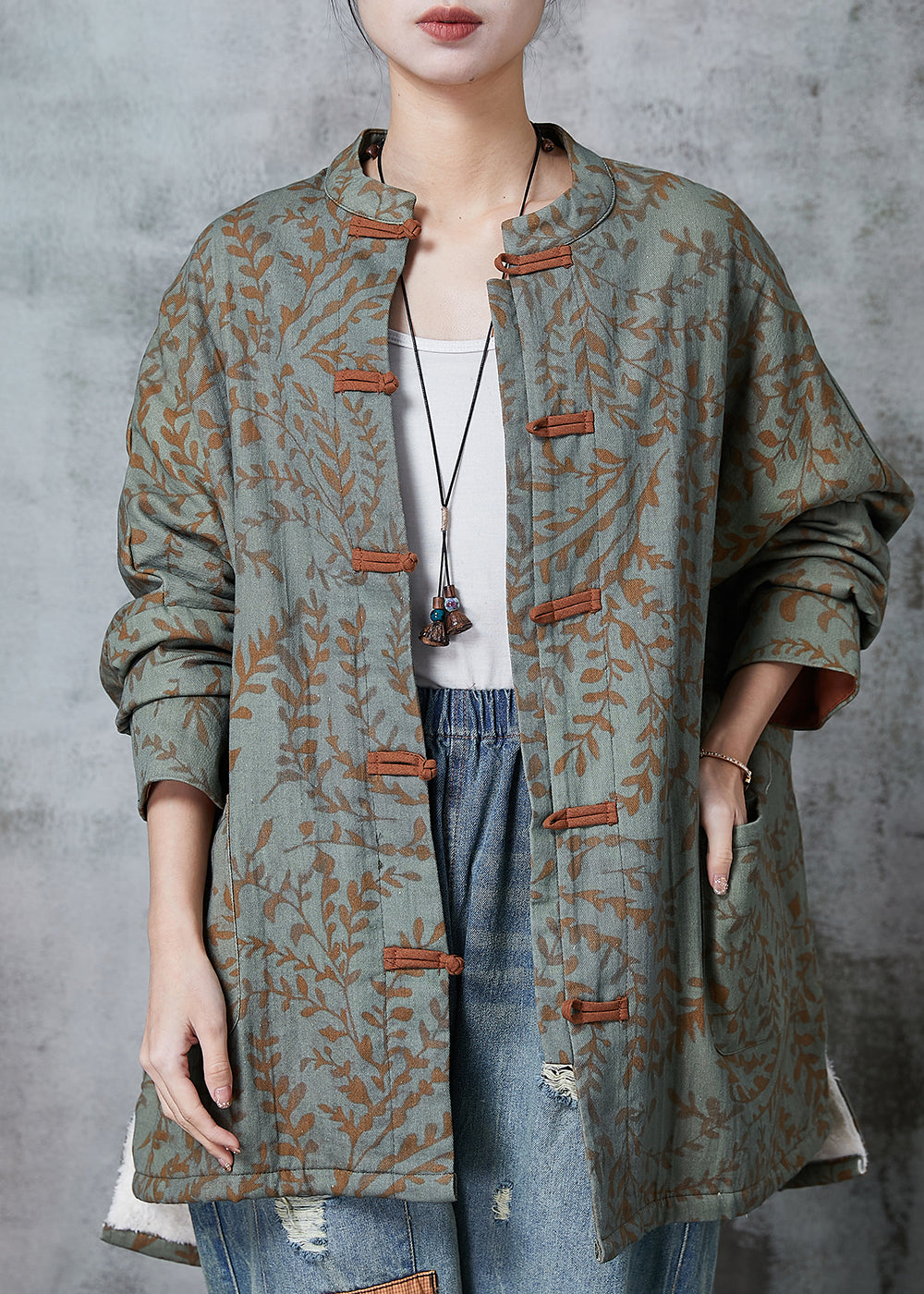 Green Oversized Print Cotton Oriental Coat Spring