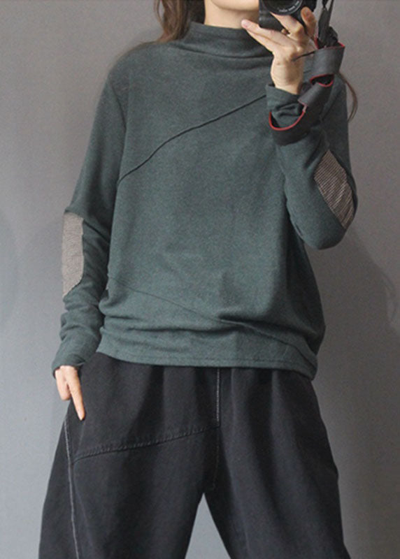 Green Patchwork Patch Applique Warm Fleece Tops Winter
