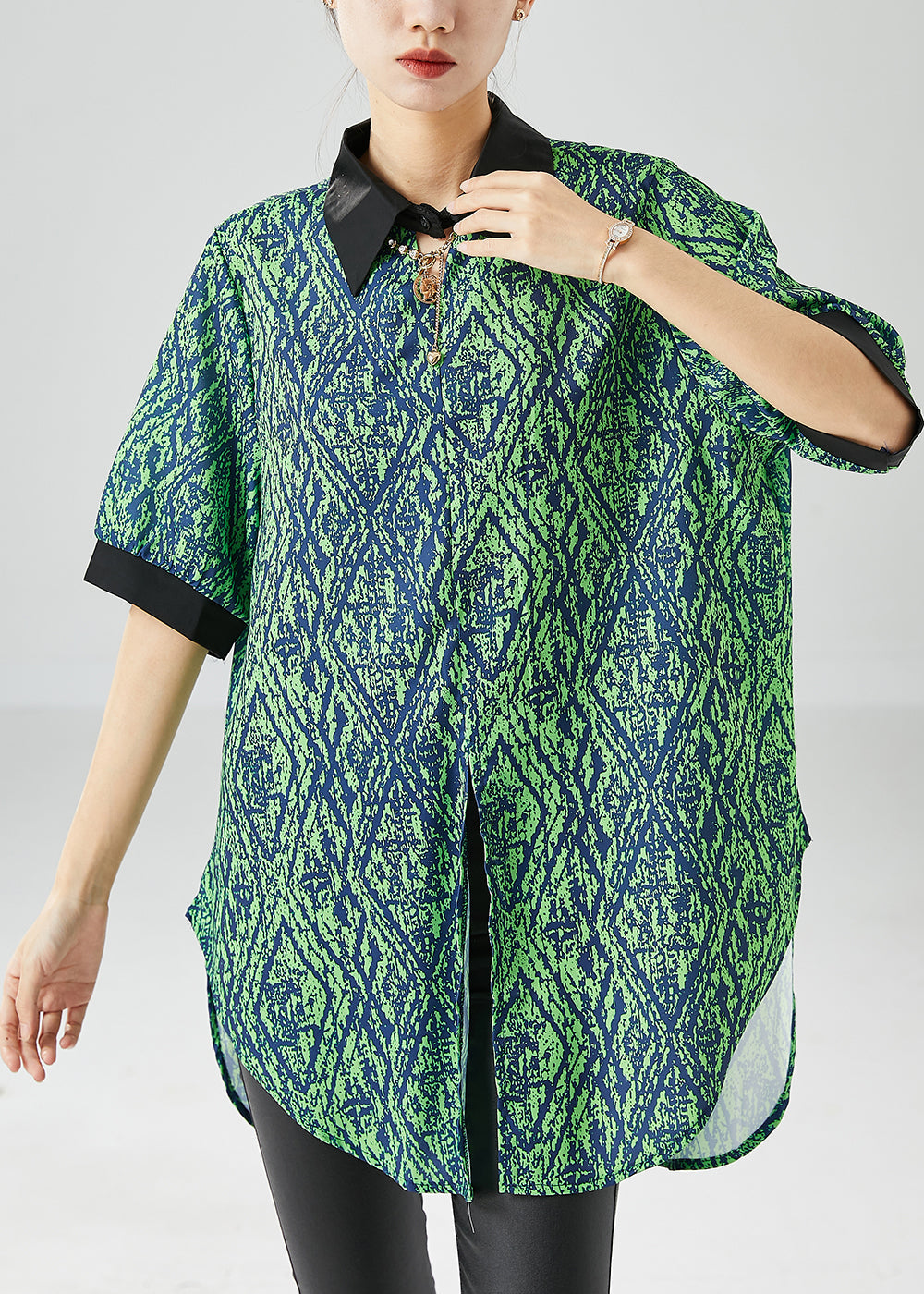 Green Peter Pan Collar Patchwork Print Side Open Chiffon Top Summer