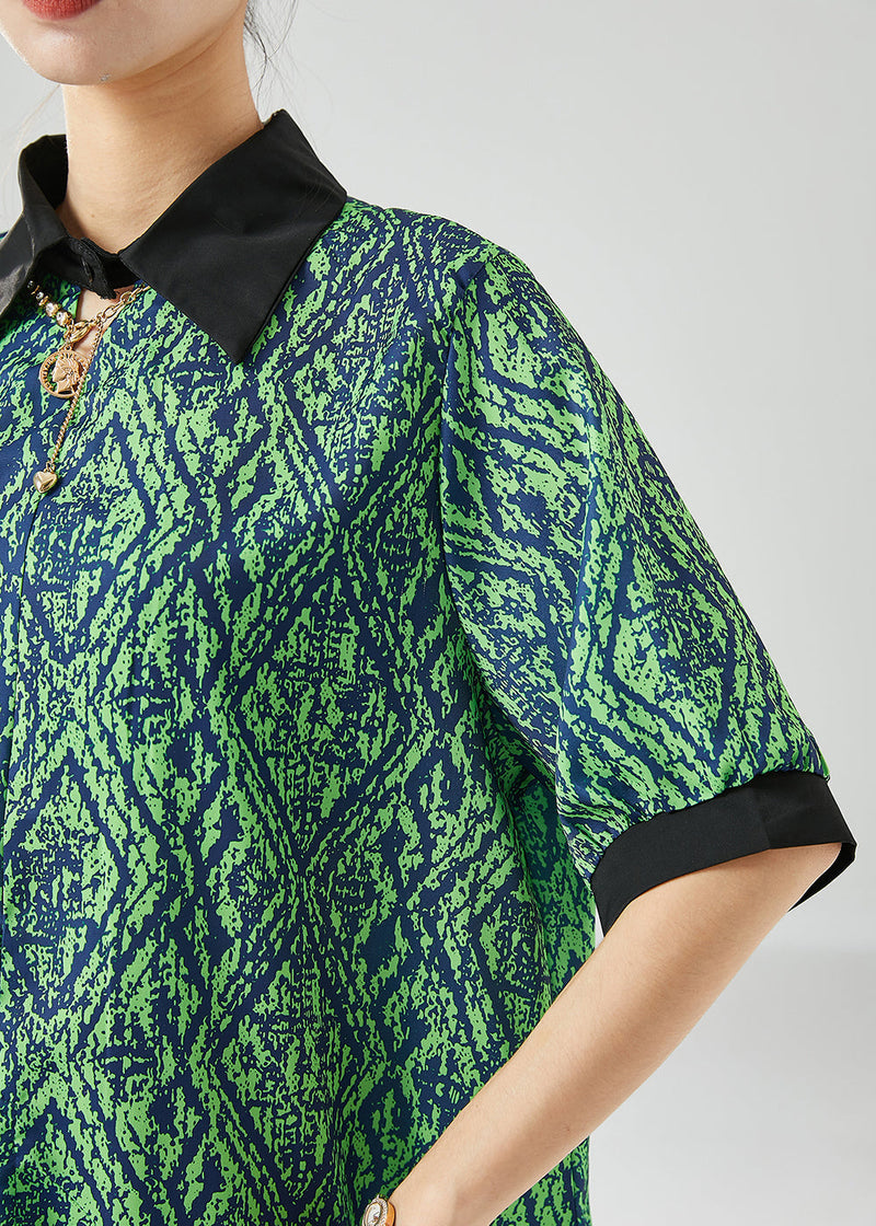 Green Peter Pan Collar Patchwork Print Side Open Chiffon Top Summer