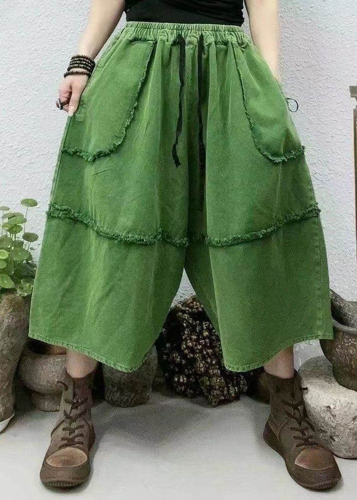 Green Pockets Patchwork Elastic Waist Denim Crop Pants Summer