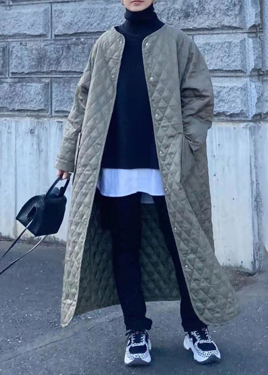 Green Pockets Plaid Patchwork Thick Cotton Filled Long Parka Winter
