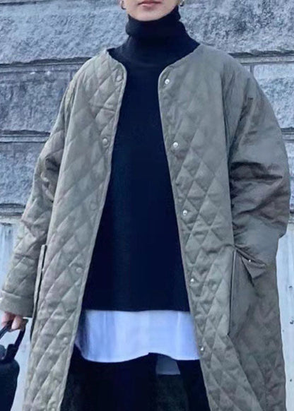 Green Pockets Plaid Patchwork Thick Cotton Filled Long Parka Winter