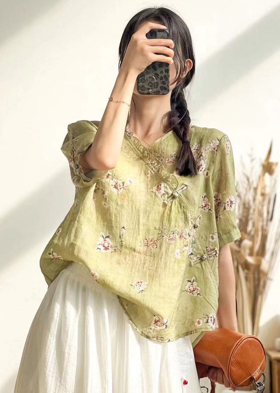 Green Ruffled Button Print Patchwork Linen Top Summer