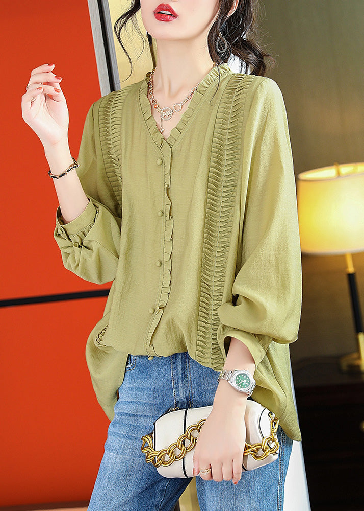 Green Ruffled Patchwork Button Chiffo Shirts Long Sleeve