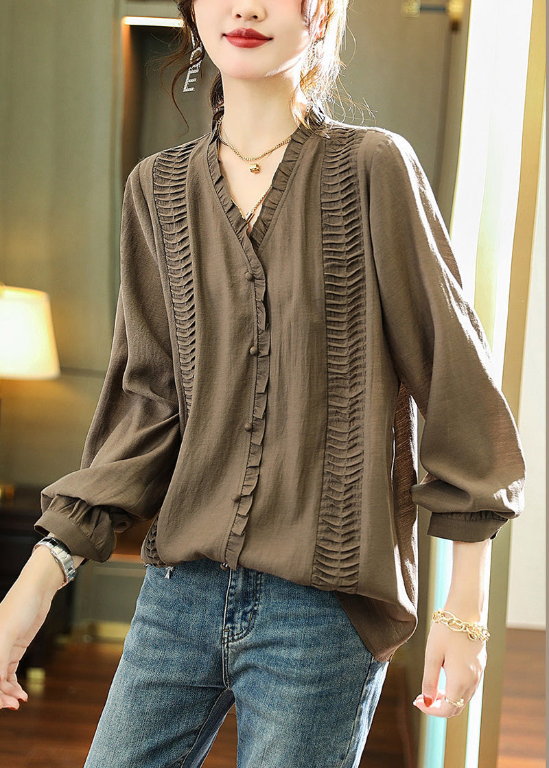 Green Ruffled Patchwork Button Chiffo Shirts Long Sleeve