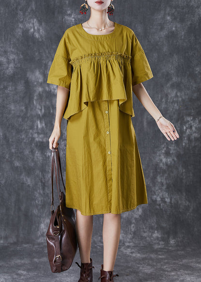 Green Ruffled Patchwork Cotton Fake Two Piece Dress Fall