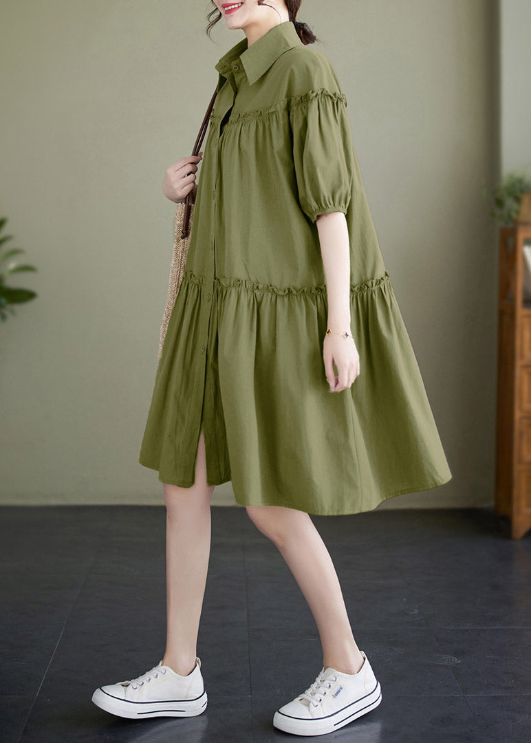 Green Ruffled Patchwork Wrinkled Cotton Mid Dress Summer