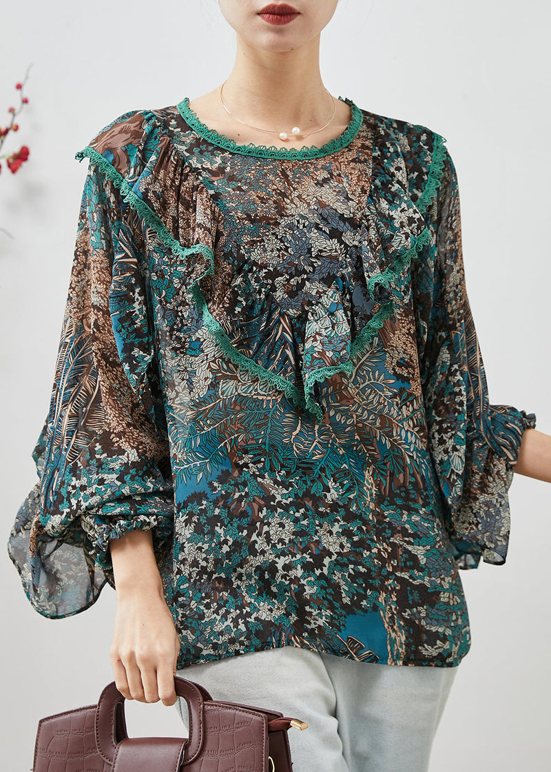 Green Ruffled Print Chiffon Tops Lantern Sleeve