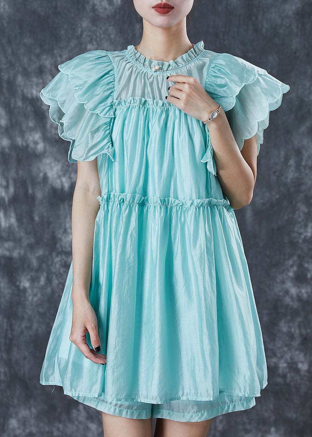 Green Ruffled Silk Beach Dress Butterfly Sleeve