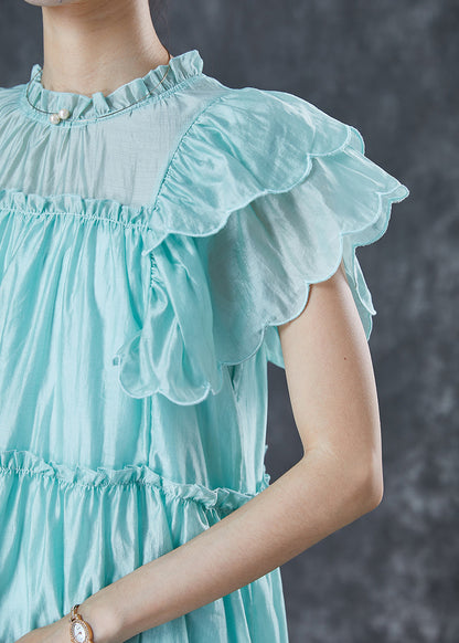 Green Ruffled Silk Beach Dress Butterfly Sleeve