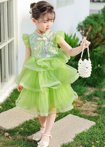 Green Sequins Chinese Button Tulle Kids Dresses Butterfly Sleeve
