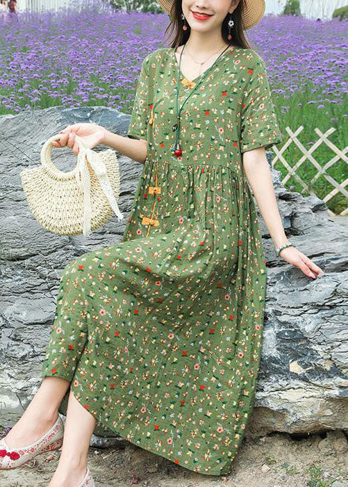 Green Stand Collar Chinese Button Print Linen Dress Summer