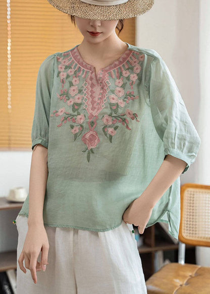 Green Stand Collar Embroidered Linen Blouses Summer
