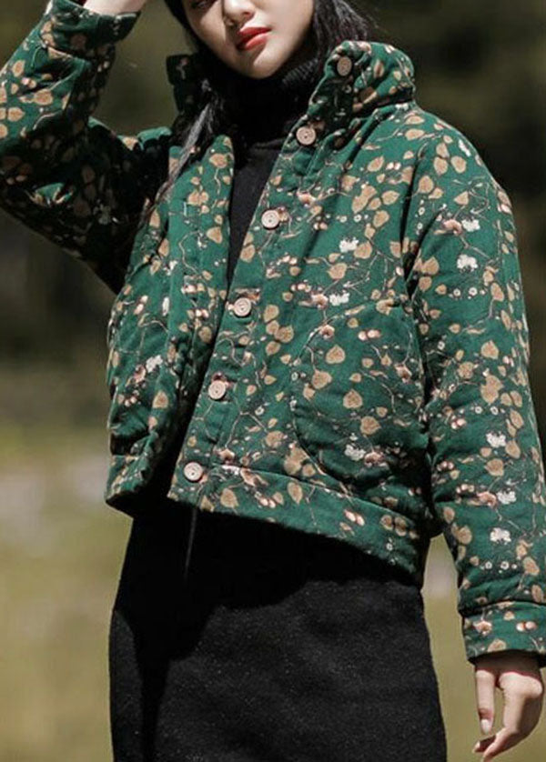 Green Stand Collar Print Fine Cotton Filled Parka Winter