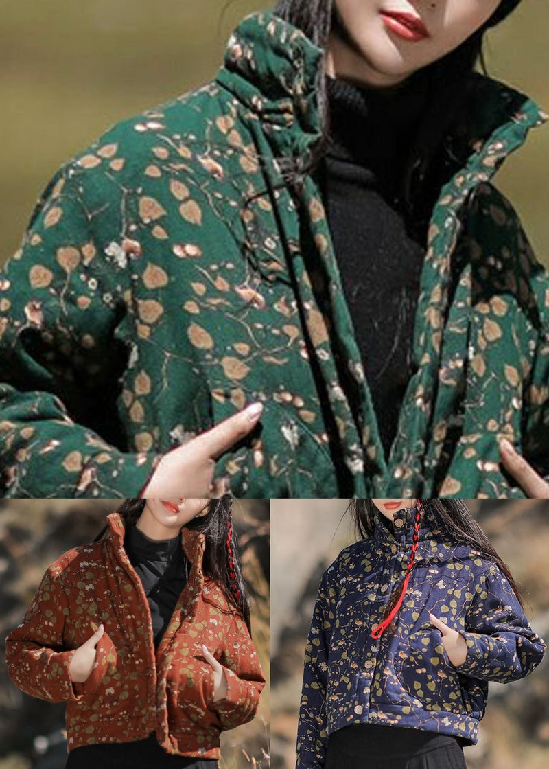 Green Stand Collar Print Fine Cotton Filled Parka Winter