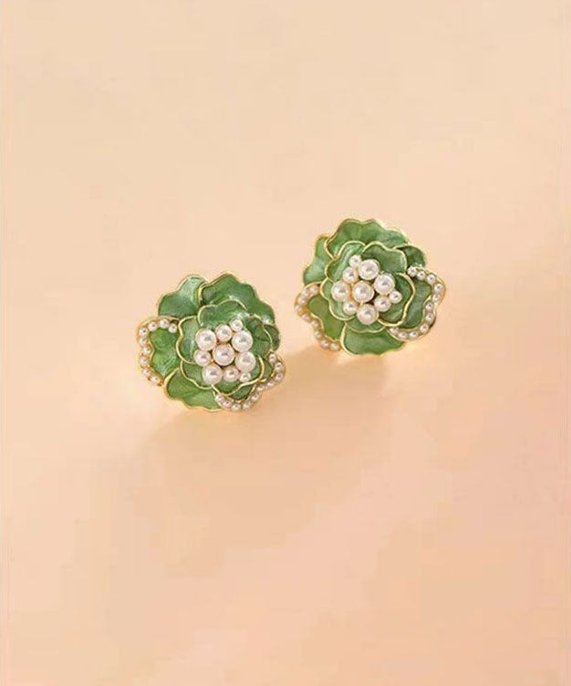 Green Sterling Silver Copper Pearl Stud Earrings Tw1030