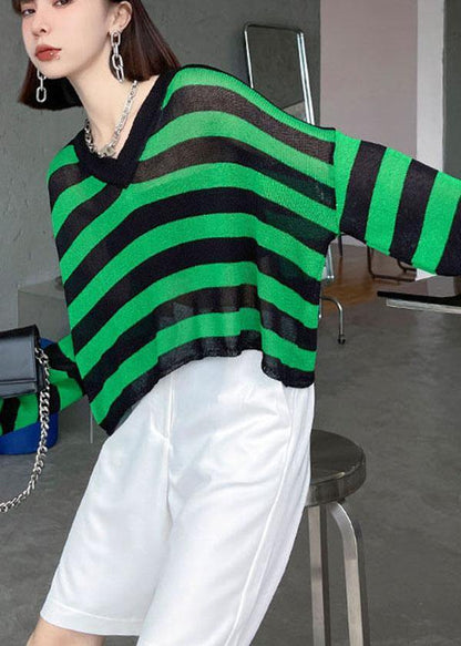 Boho Green Striped V NeckKnit fabric Shirt Summer