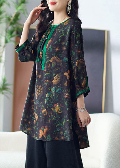 Green Tasseled Print Button Patchwork Silk Top Summer