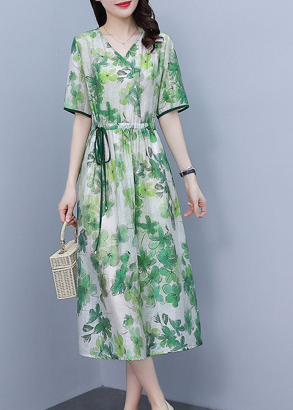 Green V Neck Drawstring Print Silk Cinch Dresses Short Sleeve