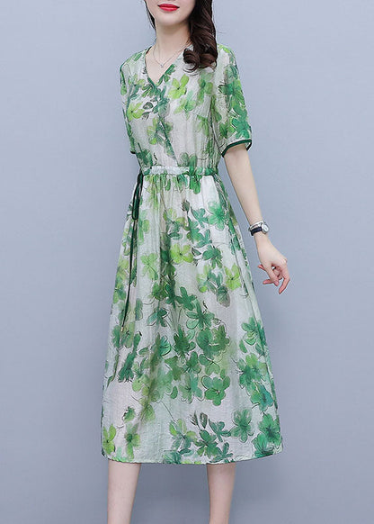 Green V Neck Drawstring Print Silk Cinch Dresses Short Sleeve