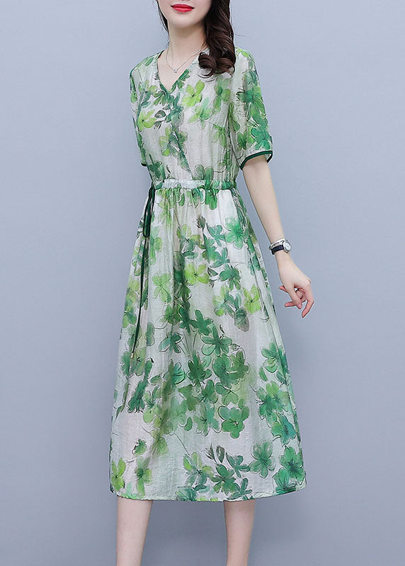 Green V Neck Drawstring Print Silk Cinch Dresses Short Sleeve