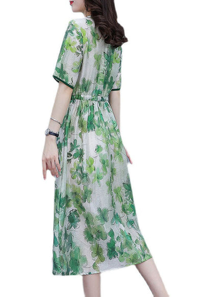 Green V Neck Drawstring Print Silk Cinch Dresses Short Sleeve