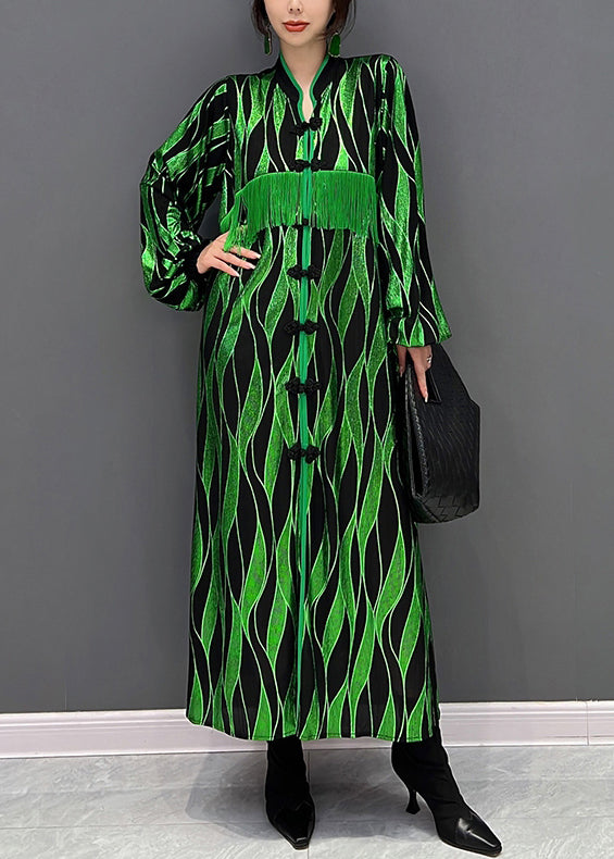 Green V Neck Patchwork Tassel Button Velour Maxi Dresses Fall
