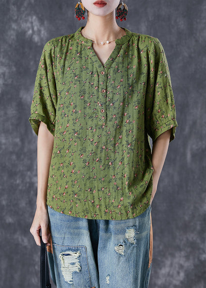 Green V Neck Print Cotton Top Summer