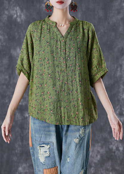 Green V Neck Print Cotton Top Summer