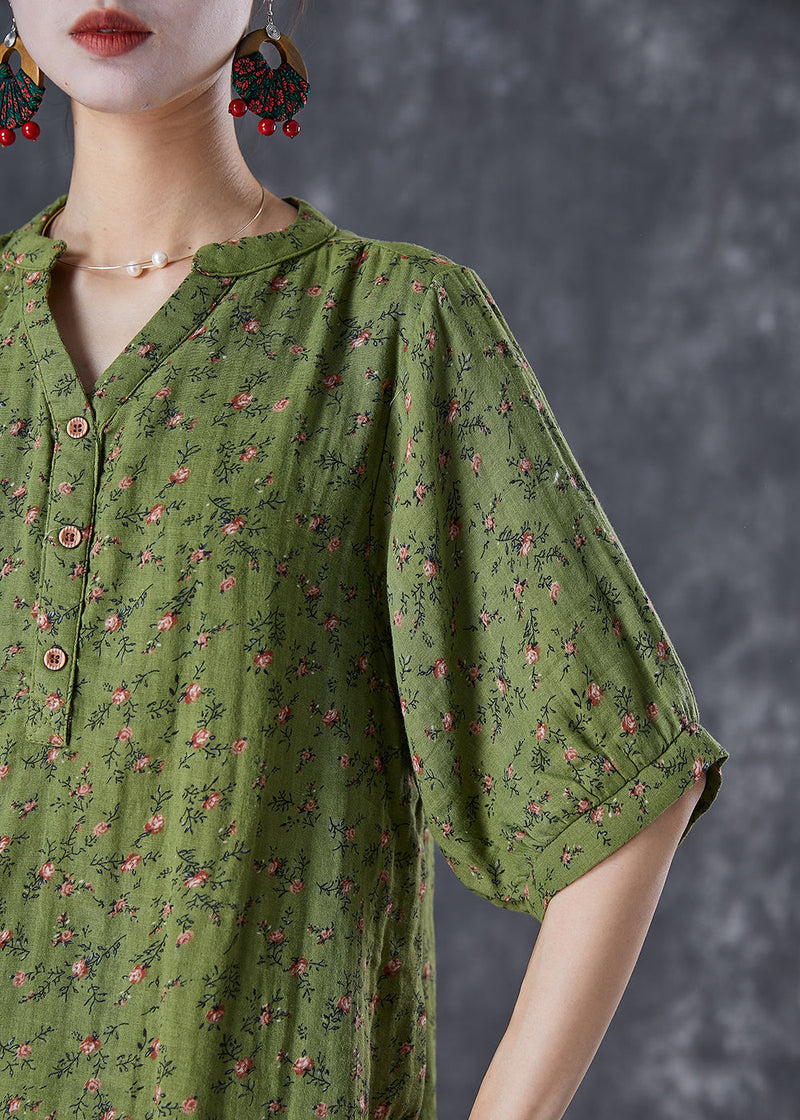 Green V Neck Print Cotton Top Summer