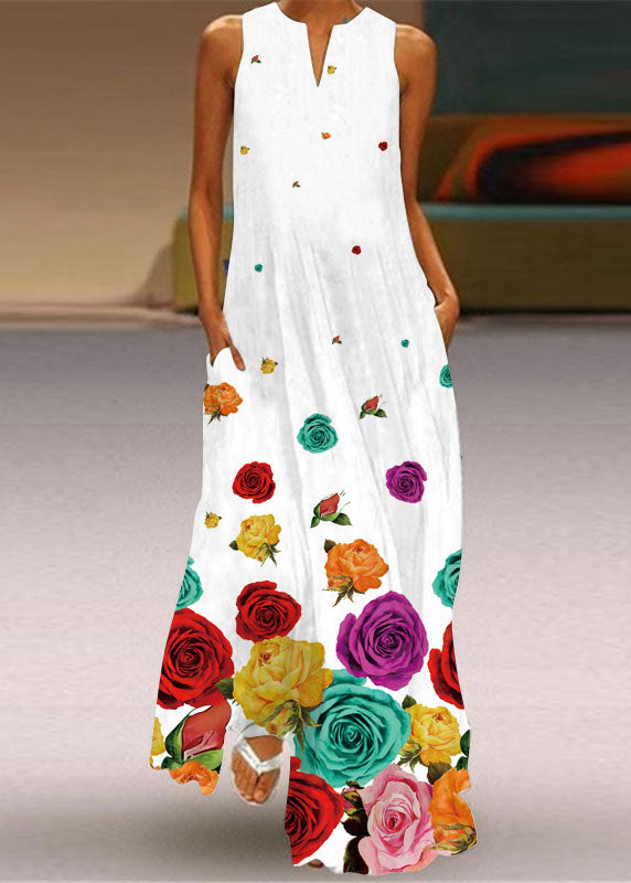 Green V Neck Rose Print Chiffon Maxi Dress Summer