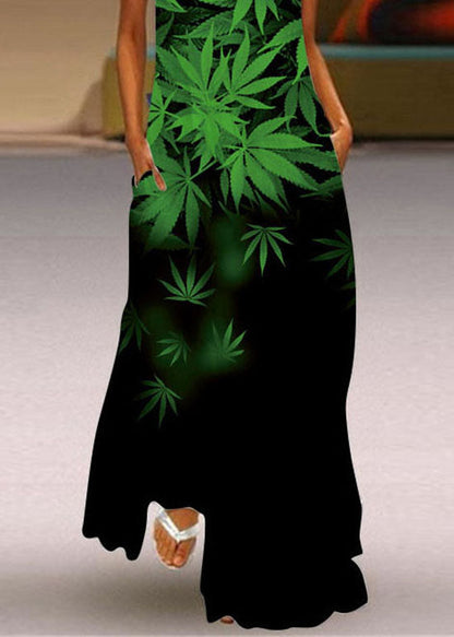 Green V Neck Rose Print Chiffon Maxi Dress Summer