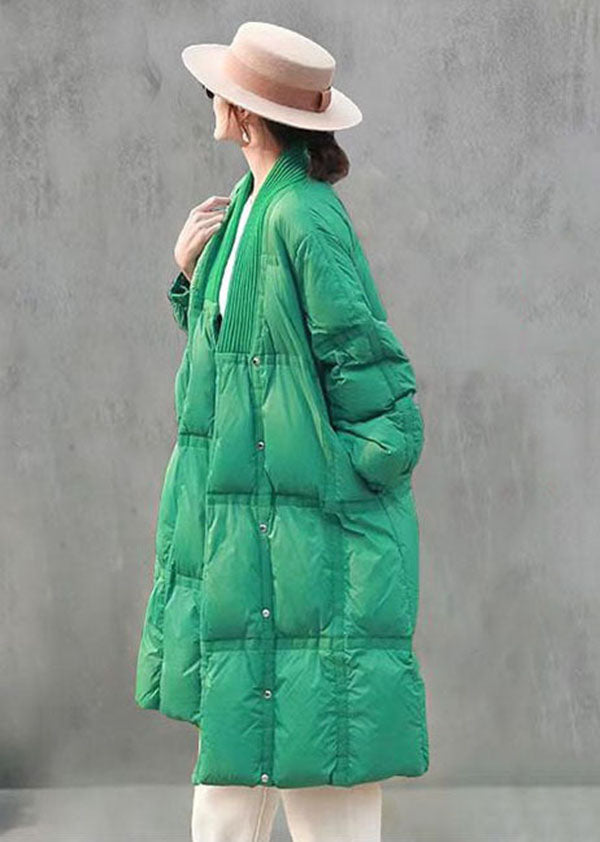 Green V Neck Thick Duck Down Down Jacket Winter