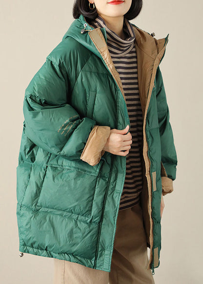 Green Zippered Graphic Loose Winter Duck Down Puffer