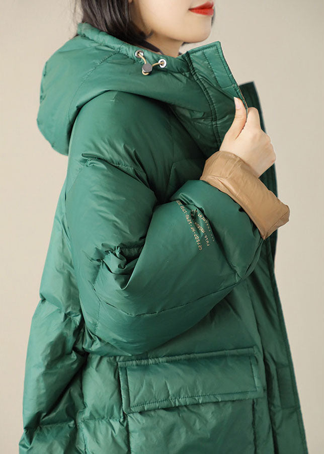 Green Zippered Graphic Loose Winter Duck Down Puffer