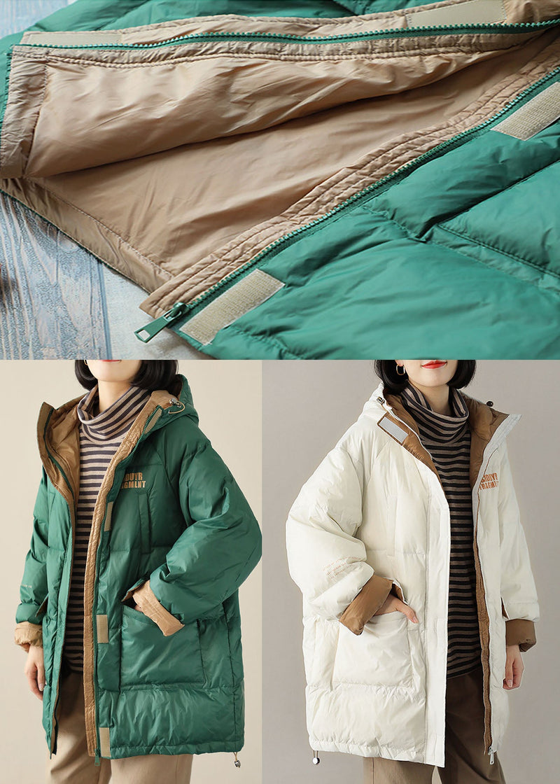 Green Zippered Graphic Loose Winter Duck Down Puffer