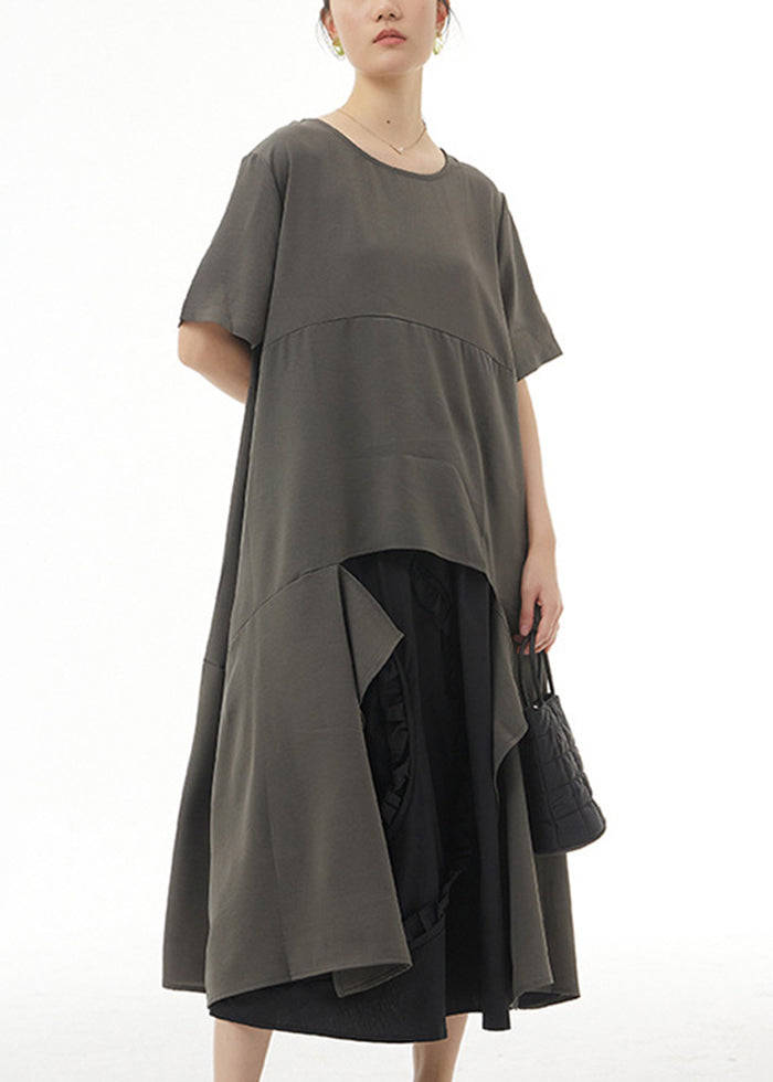 Grey Asymmetrical Design Cotton Long Tops Summer