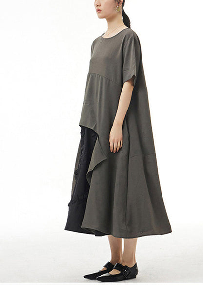 Grey Asymmetrical Design Cotton Long Tops Summer